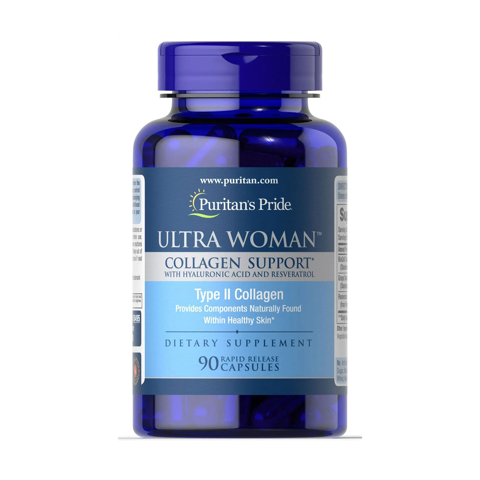 Колаген з гіалуроновою кислотою та ресвератролом Puritan's Pride Ultra Woman Collagen Support With Hyaluronic Acid And Resveratrol, 90 капсул